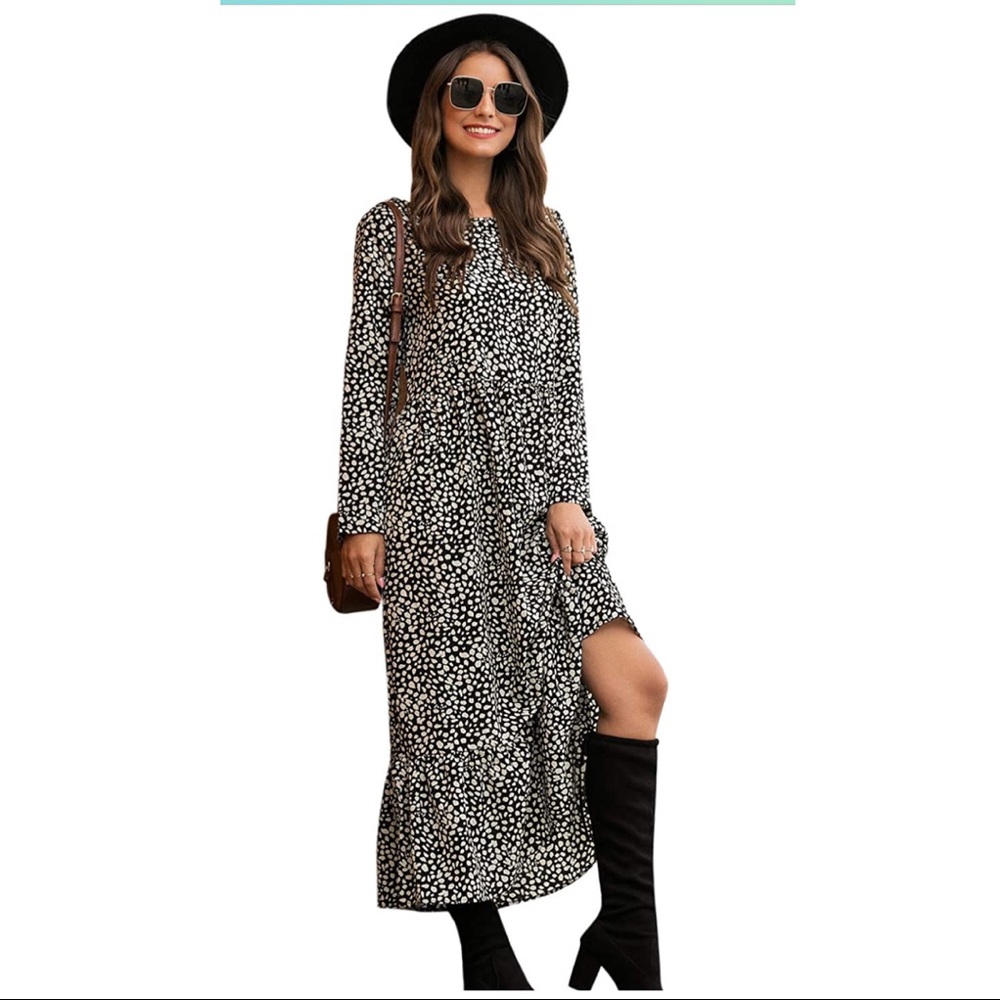 Black and White Long Sleeve Midi Dress